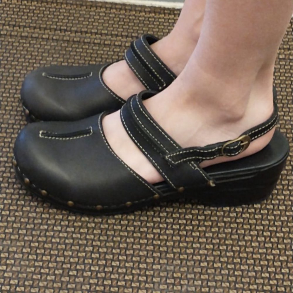 Sanita Black Leather Mary Jane Clog Sandals